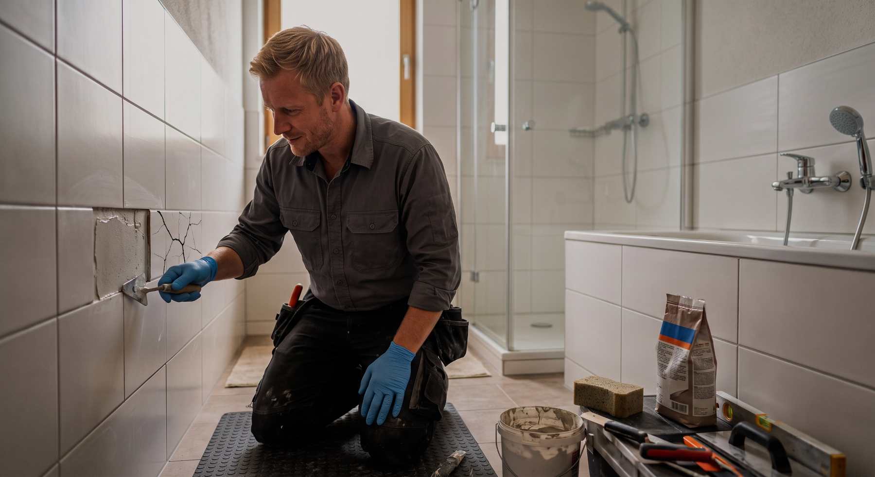 Reparatur einer beschädigten Fliese durch FliesenProfi Wien