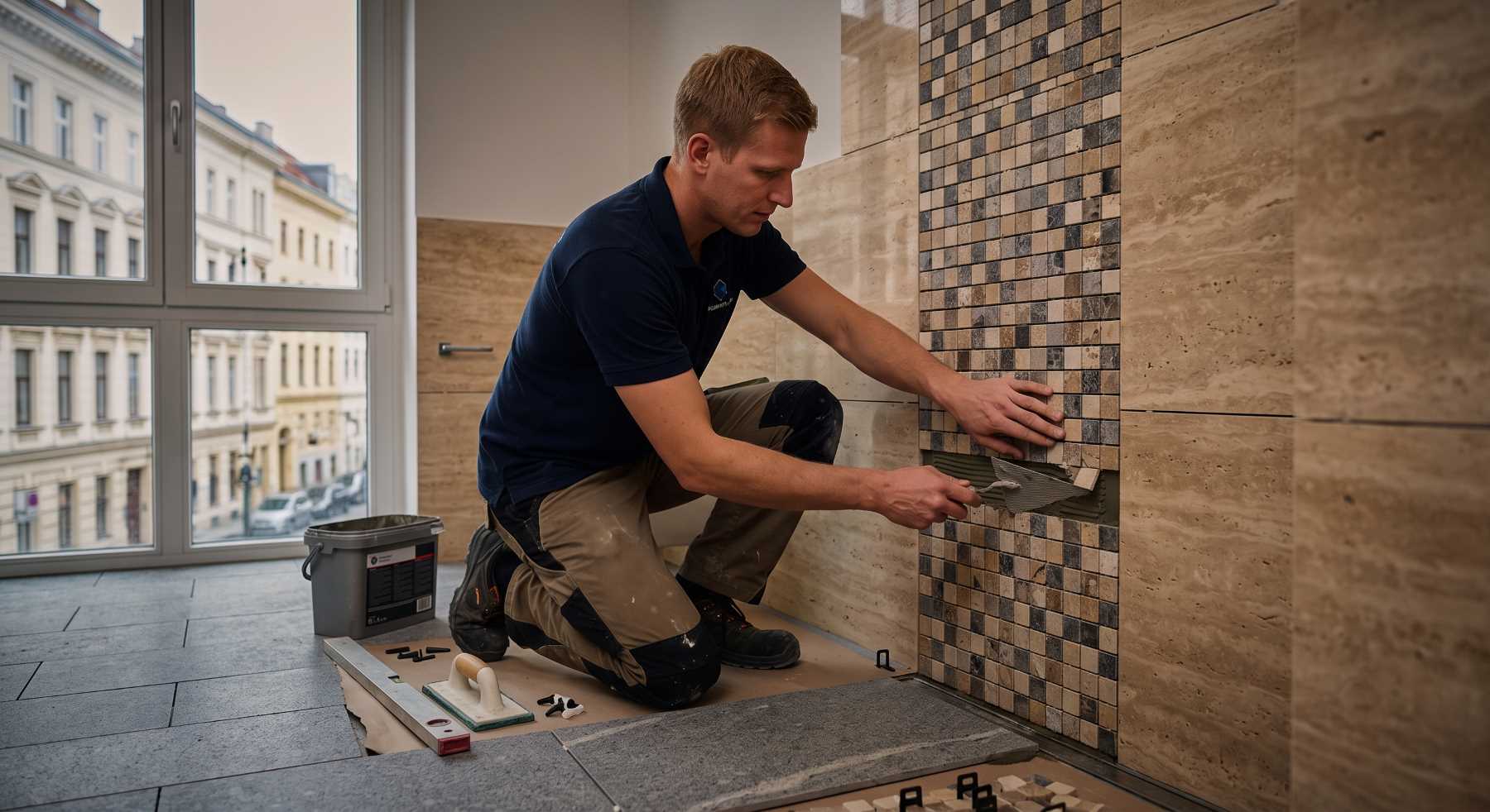 Verlegung von Naturstein und Mosaikfliesen in einem Badezimmer in Wien