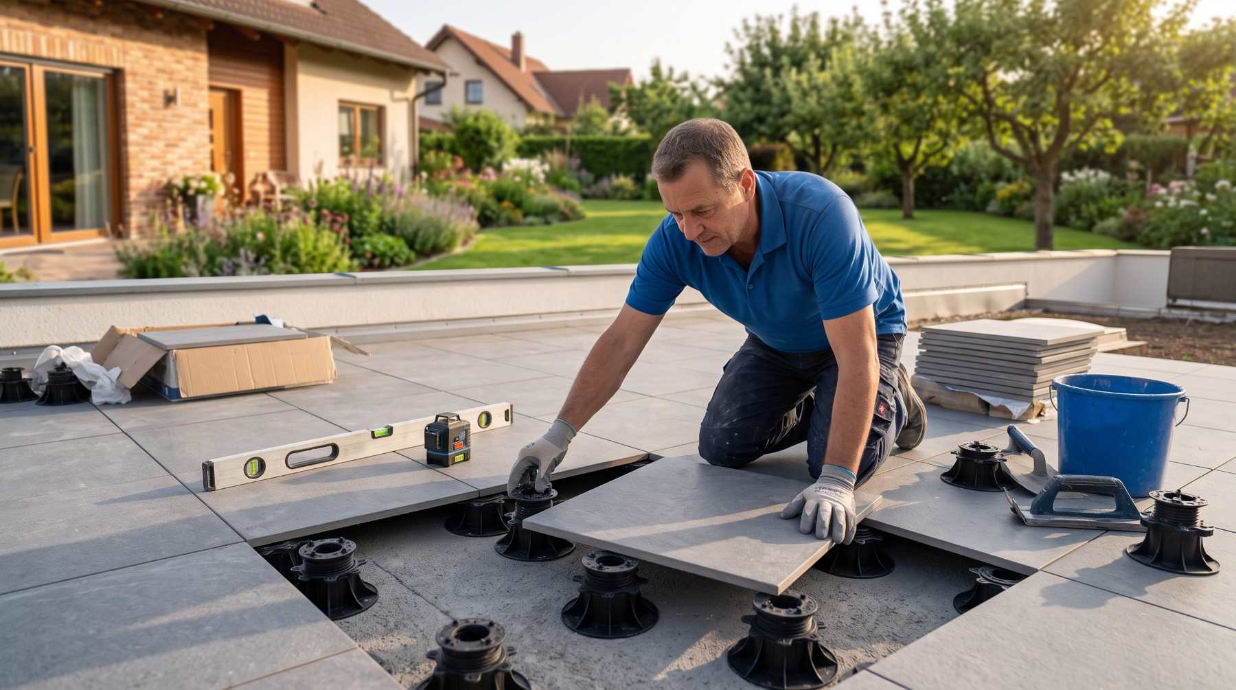 Fachgerechte Verlegung von Terrassenplatten auf Stelzlagern im Garten eines Einfamilienhauses in Wien